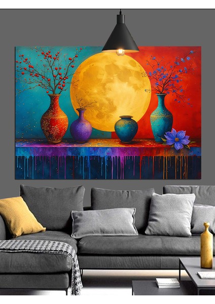 Sarı Dolunay Önünde Vazo ve Çiçekler Dekoratif Kanvas - Mdf Ahşap Tablo