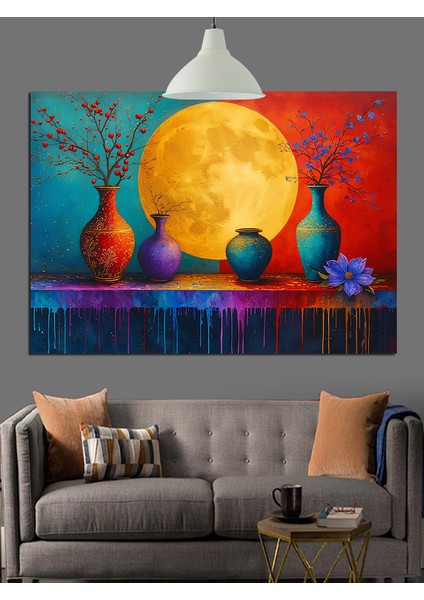 Sarı Dolunay Önünde Vazo ve Çiçekler Dekoratif Kanvas - Mdf Ahşap Tablo fiyatları