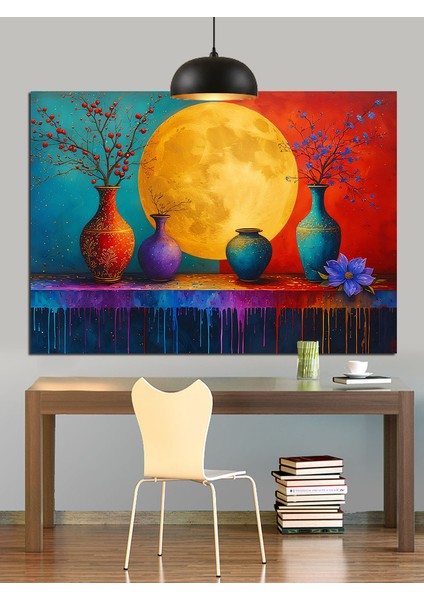 Sarı Dolunay Önünde Vazo ve Çiçekler Dekoratif Kanvas - Mdf Ahşap Tablo modelleri