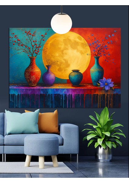 Sarı Dolunay Önünde Vazo ve Çiçekler Dekoratif Kanvas - Mdf Ahşap Tablo fırsatları