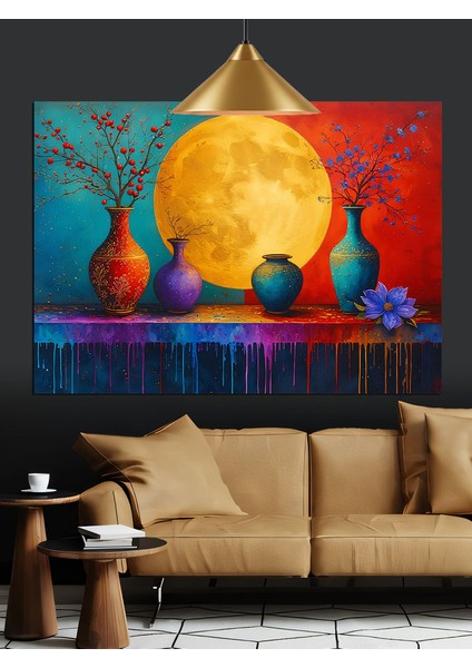 Sarı Dolunay Önünde Vazo ve Çiçekler Dekoratif Kanvas - Mdf Ahşap Tablo indirimleri