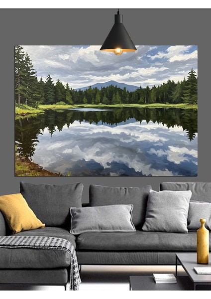 Karlı Göl ve Yemyeşil Ağaç Manzarası Dekoratif Kanvas - Mdf Ahşap Tablo fiyatları
