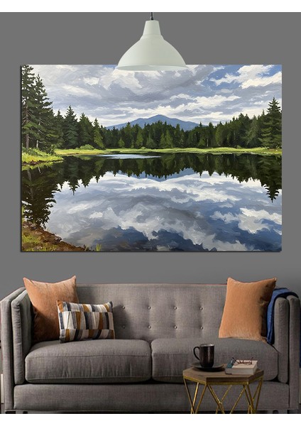 Karlı Göl ve Yemyeşil Ağaç Manzarası Dekoratif Kanvas - Mdf Ahşap Tablo modelleri