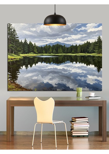 Karlı Göl ve Yemyeşil Ağaç Manzarası Dekoratif Kanvas - Mdf Ahşap Tablo fırsatları
