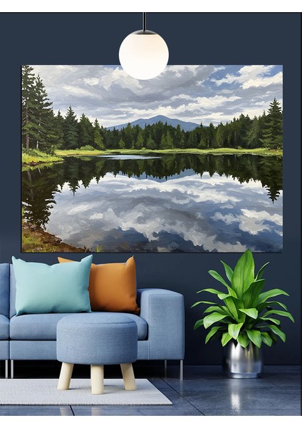 Karlı Göl ve Yemyeşil Ağaç Manzarası Dekoratif Kanvas - Mdf Ahşap Tablo indirimleri