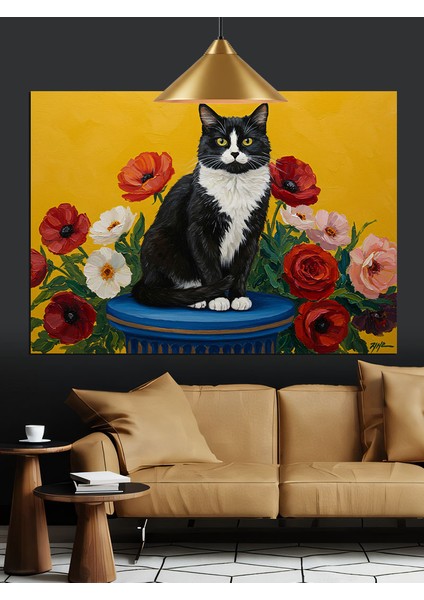 Siyah Beyaz Kedi Figürlü Natürmort Düzeni Dekoratif Kanvas - Mdf Ahşap Tablo