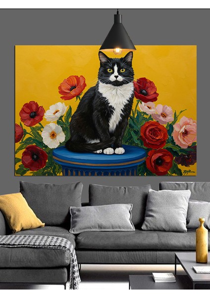 Siyah Beyaz Kedi Figürlü Natürmort Düzeni Dekoratif Kanvas - Mdf Ahşap Tablo fiyatları