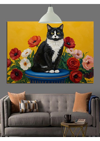 Siyah Beyaz Kedi Figürlü Natürmort Düzeni Dekoratif Kanvas - Mdf Ahşap Tablo modelleri