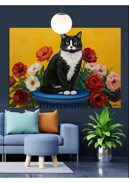 Siyah Beyaz Kedi Figürlü Natürmort Düzeni Dekoratif Kanvas - Mdf Ahşap Tablo indirimleri