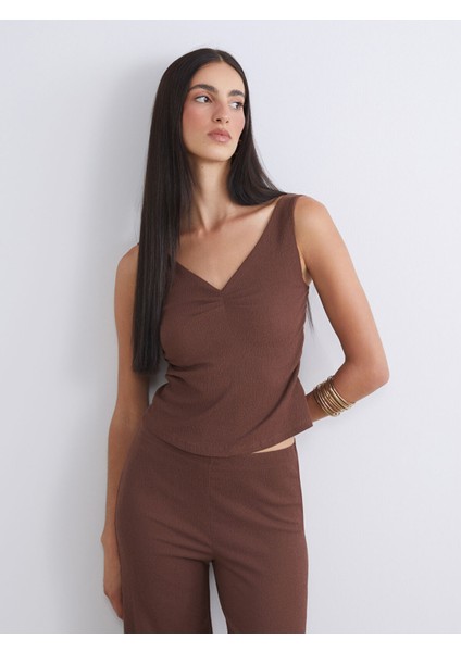 Yeni Sezon V Yaka Dokulu Büzgülü Bluz