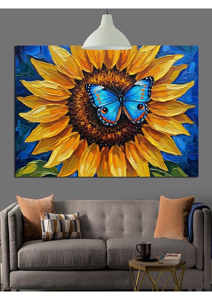 Kelebekli Sarı Ayçiçeği Çiçeği Detayı Dekoratif Kanvas - Mdf Ahşap Tablo