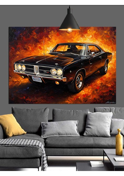 Karanlıkta Parlayan Klasik Amerikan Araba Dekoratif Kanvas - Mdf Ahşap Tablo