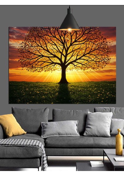 Sonbahar Renklerinde Yalnız Ağaç Manzarası Dekoratif Kanvas - Mdf Ahşap Tablo
