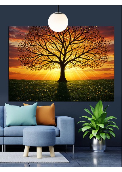 Sonbahar Renklerinde Yalnız Ağaç Manzarası Dekoratif Kanvas - Mdf Ahşap Tablo fırsatları