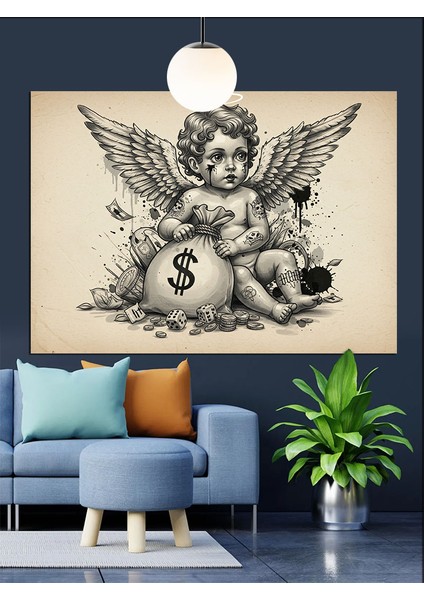 Kanatlı Bebek Melek Çizimi Dekoratif Kanvas - Mdf Ahşap Tablo