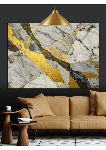 Sarı Altın Damarlı Mermer Doku Dekoratif Kanvas - Mdf Ahşap Tablo