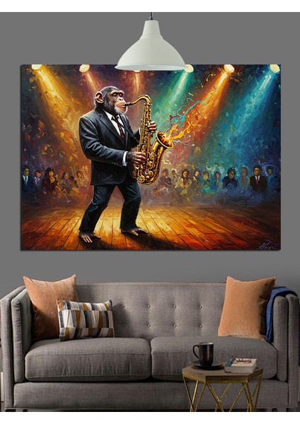Saksofon Çalan Siyah Takım Elbiseli Maymun Dekoratif Kanvas - Mdf Ahşap Tablo