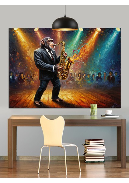 Saksofon Çalan Siyah Takım Elbiseli Maymun Dekoratif Kanvas - Mdf Ahşap Tablo fiyatları