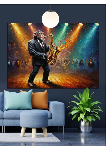 Saksofon Çalan Siyah Takım Elbiseli Maymun Dekoratif Kanvas - Mdf Ahşap Tablo modelleri