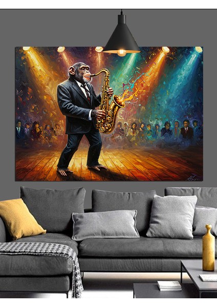 Saksofon Çalan Siyah Takım Elbiseli Maymun Dekoratif Kanvas - Mdf Ahşap Tablo indirimleri