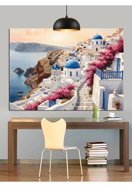 Beyaz Evli Yunan Adası Manzarası Dekoratif Kanvas - Mdf Ahşap Tablo