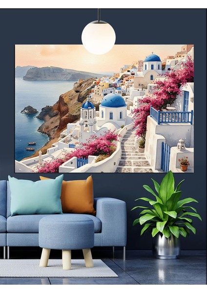 Beyaz Evli Yunan Adası Manzarası Dekoratif Kanvas - Mdf Ahşap Tablo fiyatları