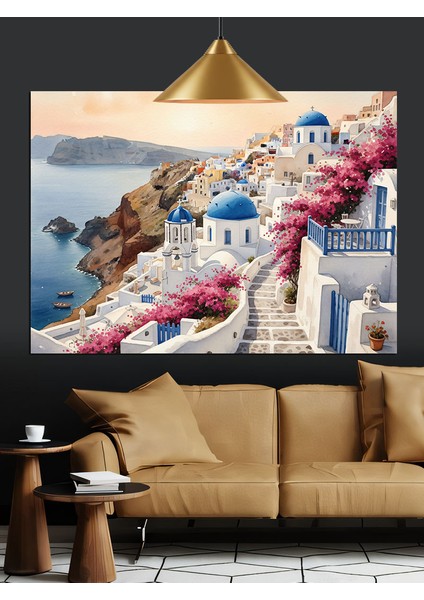 Beyaz Evli Yunan Adası Manzarası Dekoratif Kanvas - Mdf Ahşap Tablo modelleri