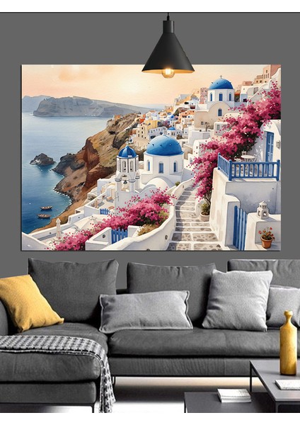 Beyaz Evli Yunan Adası Manzarası Dekoratif Kanvas - Mdf Ahşap Tablo fırsatları