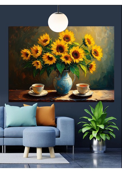 Ayçiçekleri Vazo Içinde Natürmort Dekoratif Kanvas - Mdf Ahşap Tablo fiyatları