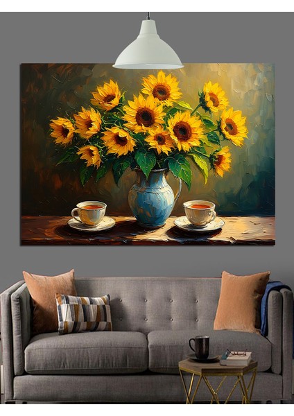 Ayçiçekleri Vazo Içinde Natürmort Dekoratif Kanvas - Mdf Ahşap Tablo indirimleri