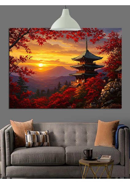 Gün Batımında Japon Pagoda Silüeti Dekoratif Kanvas - Mdf Ahşap Tablo