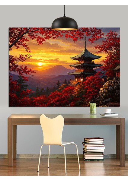 Gün Batımında Japon Pagoda Silüeti Dekoratif Kanvas - Mdf Ahşap Tablo fiyatları