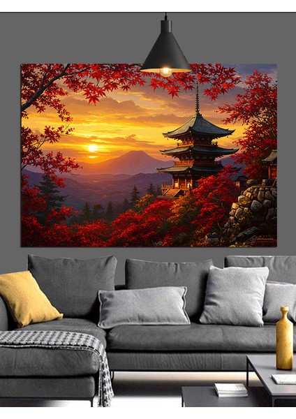 Gün Batımında Japon Pagoda Silüeti Dekoratif Kanvas - Mdf Ahşap Tablo indirimleri