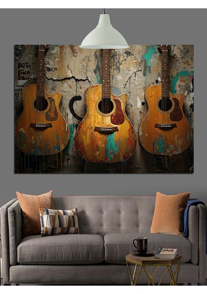 Duvara Asılı Klasik Akustik Gitarlar Dekoratif Kanvas - Mdf Ahşap Tablo