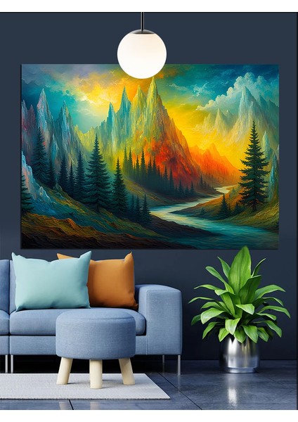 Turuncu ve Yeşil Renkli Soyut Manzara Dekoratif Kanvas - Mdf Ahşap Tablo