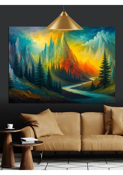 Turuncu ve Yeşil Renkli Soyut Manzara Dekoratif Kanvas - Mdf Ahşap Tablo fiyatları
