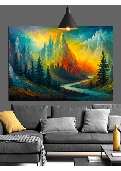 Turuncu ve Yeşil Renkli Soyut Manzara Dekoratif Kanvas - Mdf Ahşap Tablo modelleri