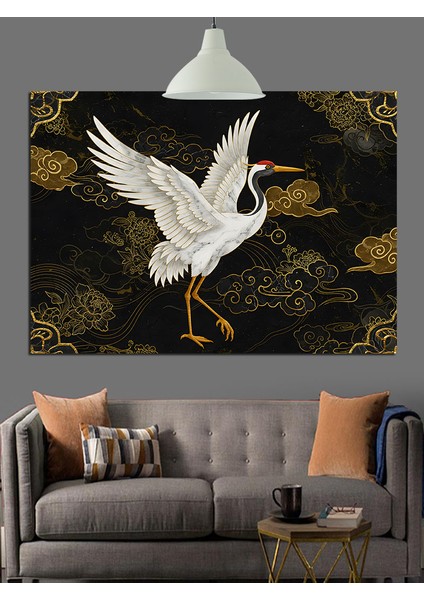 Japon Sanatı Tarzında Beyaz Turna Kuşu Dekoratif Kanvas - Mdf Ahşap Tablo