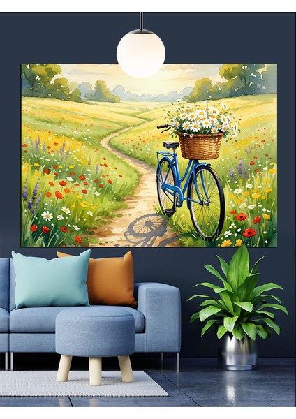 Çiçek Tarlasında Bisiklet Dekoratif Kanvas - Mdf Ahşap Tablo