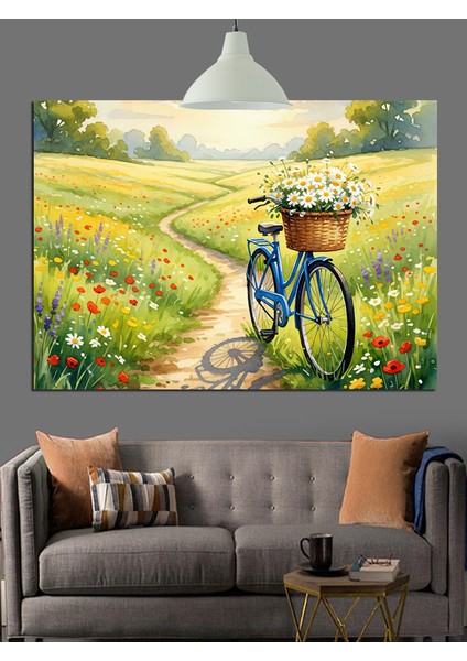 Çiçek Tarlasında Bisiklet Dekoratif Kanvas - Mdf Ahşap Tablo fırsatları