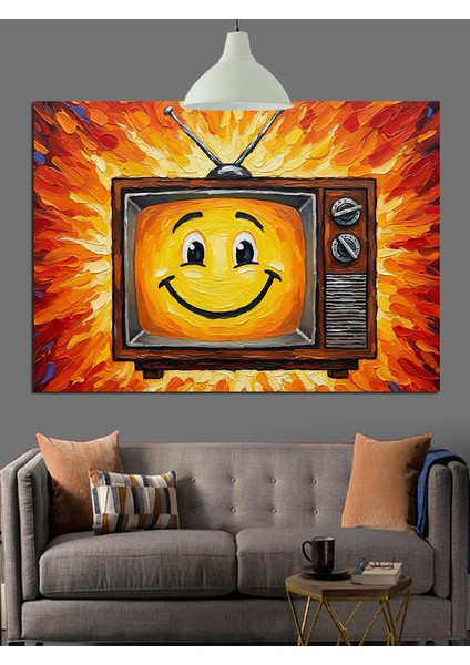 Gülen Yüzlü Eski Televizyon Illüstrasyonu Dekoratif Kanvas - Mdf Ahşap Tablo