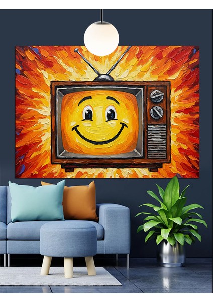 Gülen Yüzlü Eski Televizyon Illüstrasyonu Dekoratif Kanvas - Mdf Ahşap Tablo modelleri