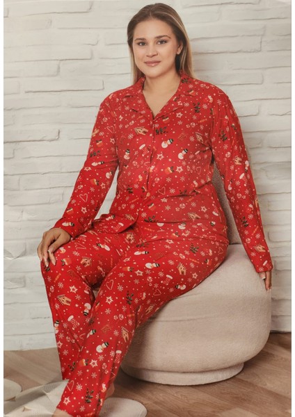 Süet Battal Beden Düğmeli Anne Pijama Takımı