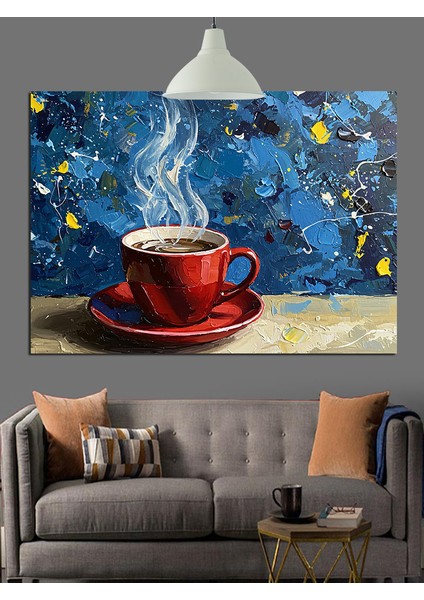 Yoğun Buharlı Kırmızı Kahve Kupası Dekoratif Kanvas - Mdf Ahşap Tablo