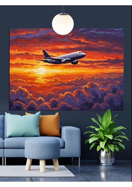 Gün Batımında Alçalan Uçak Silüeti Dekoratif Kanvas - Mdf Ahşap Tablo