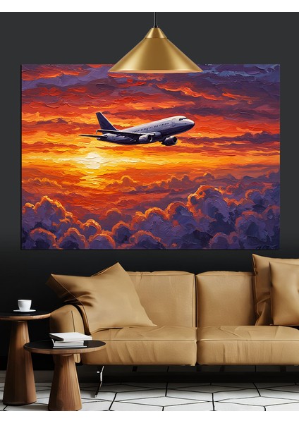 Gün Batımında Alçalan Uçak Silüeti Dekoratif Kanvas - Mdf Ahşap Tablo fiyatları