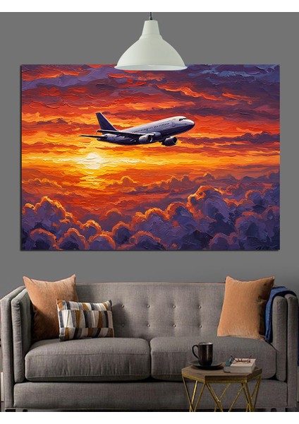 Gün Batımında Alçalan Uçak Silüeti Dekoratif Kanvas - Mdf Ahşap Tablo fırsatları
