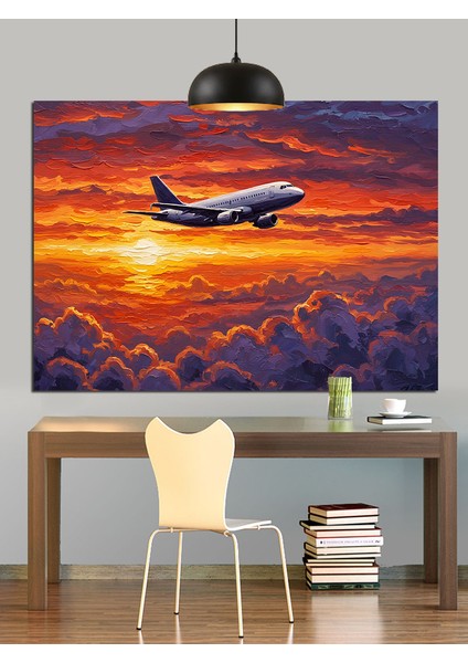 Gün Batımında Alçalan Uçak Silüeti Dekoratif Kanvas - Mdf Ahşap Tablo indirimleri