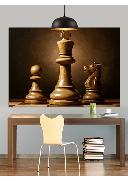 Satranç Tahtası Üzerinde Şah ve At Dekoratif Kanvas - Mdf Ahşap Tablo
