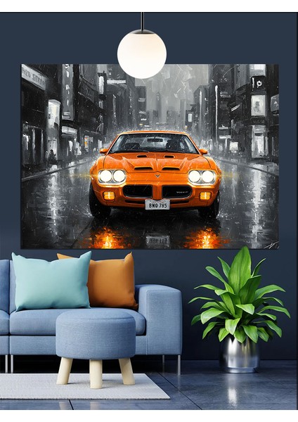 Yağmurlu Şehirde Parlayan Turuncu Araba Dekoratif Kanvas - Mdf Ahşap Tablo